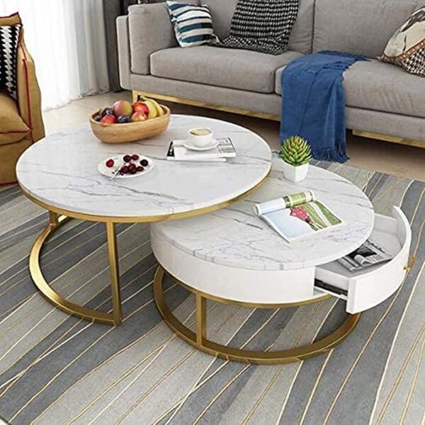 ETILAN Laminated Marble Coffee Table, Modern Table Set of 2 Coffee Tables, Luxury Sofa Center Table Round Table with Wooden Drawer Gold Metal Frame for Home & Office (Gold & White) (Copy) - Image 3