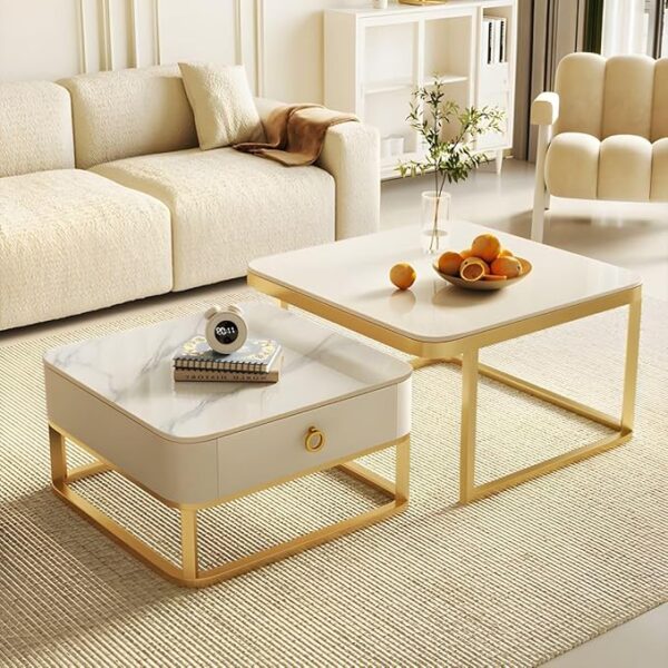 LUXURY ARTS Coffee Table Large Set of 2 Metal Frame Round Wooden top with Marble Finish Tables Living Room Bedroom Apartment Modern Industrial Simple Nightstand- Gold White (Copy) - Image 2