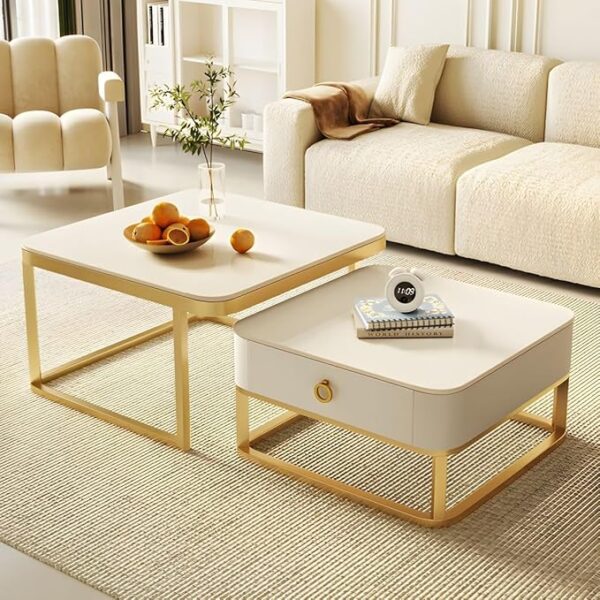 LUXURY ARTS Coffee Table Large Set of 2 Metal Frame Round Wooden top with Marble Finish Tables Living Room Bedroom Apartment Modern Industrial Simple Nightstand- Gold White (Copy) - Image 3