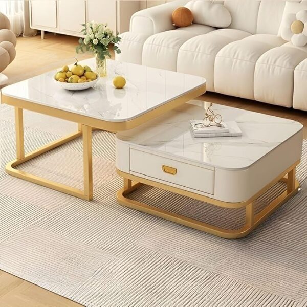 LUXURY ARTS Coffee Table Large Set of 2 Metal Frame Round Wooden top with Marble Finish Tables Living Room Bedroom Apartment Modern Industrial Simple Nightstand- Gold White (Copy)