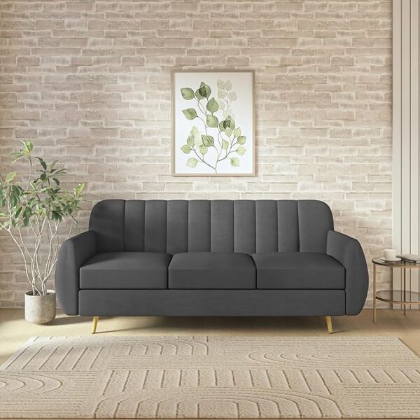 wakeup INDIA Sofa | Hazy Premium Fabric Sofa Set | 3 Seater Sofa | Pocket Spring Cushion | Padded Cushioned Armrest | Polished Metal Leg (Dark Grey, Seating-3) | 3 Year Warranty