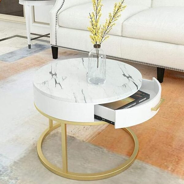 ETILAN Laminated Marble Coffee Table, Modern Table Set of 2 Coffee Tables, Luxury Sofa Center Table Round Table with Wooden Drawer Gold Metal Frame for Home & Office (Gold & White) (Copy) - Image 2