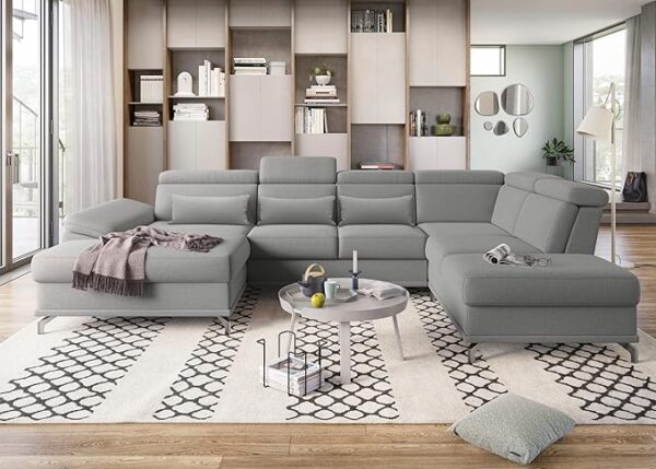 Fabrique Bossberry U-Shaped 7-Seater Suede Fabric Sofa Set - Modern, Luxurious, And Comfortable Furniture For Home Office, Guests, And Living Room - Light Grey - (Rhs), 7 Seater